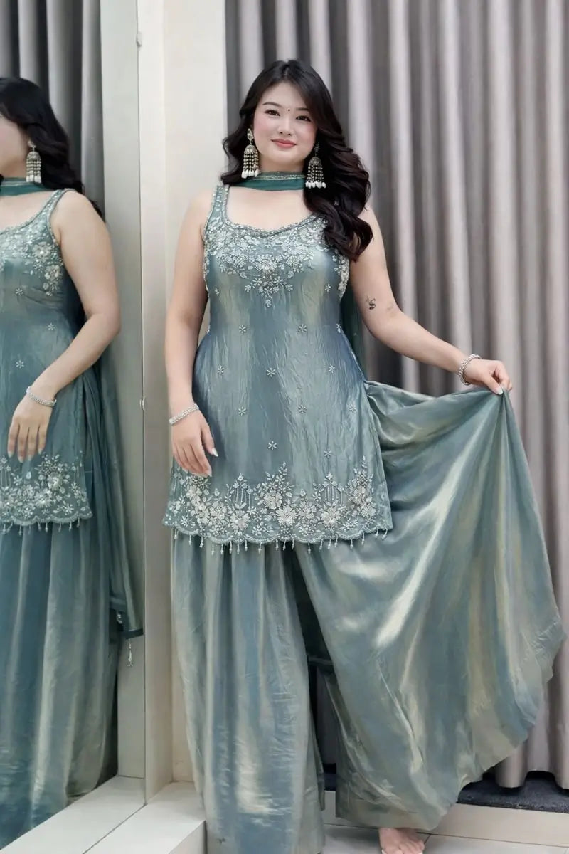 Embroidered Silk Kurti Palazzo Set with Lace Dupatta