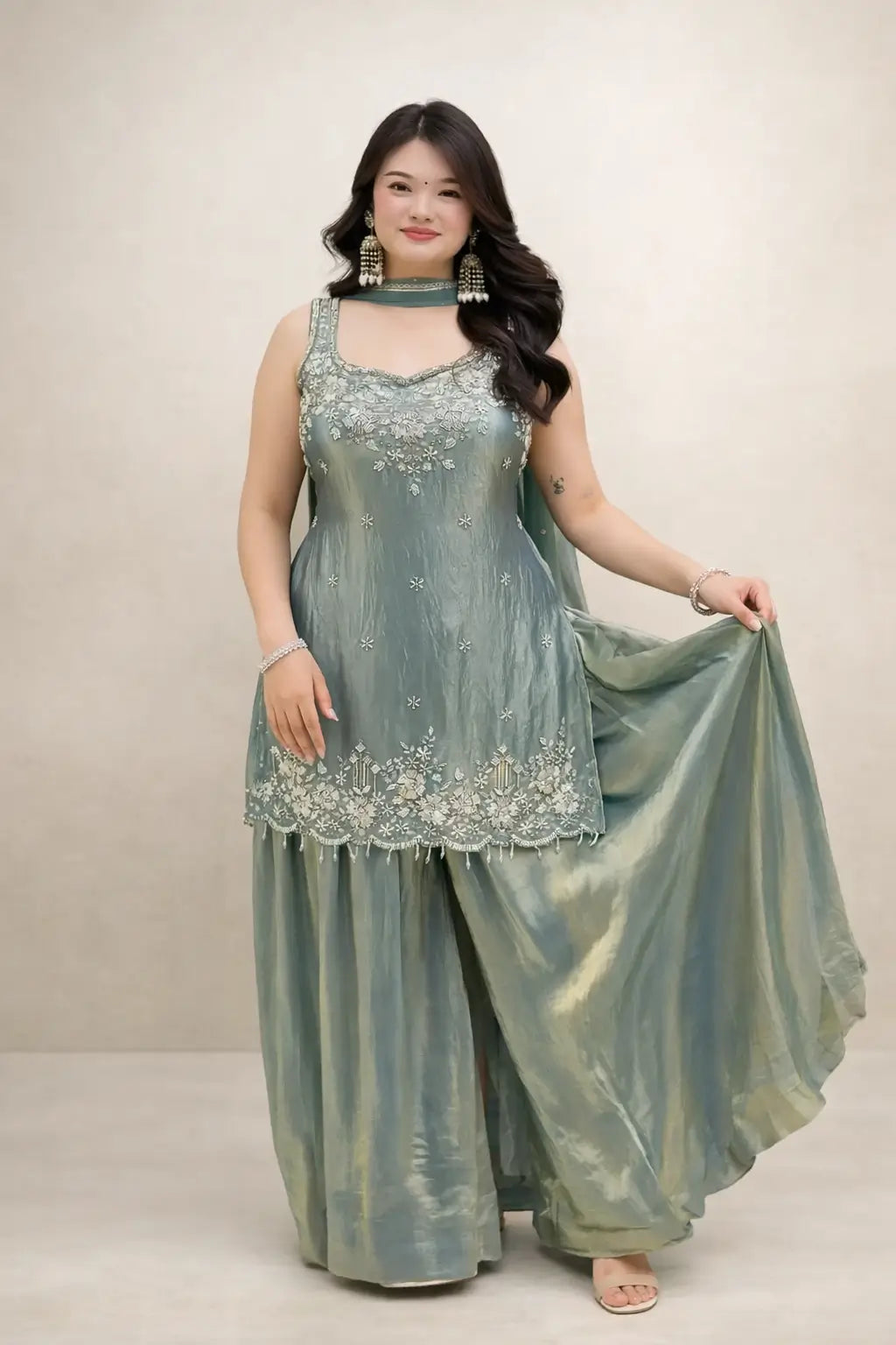 Embroidered Silk Kurti Palazzo Set with Lace Dupatta