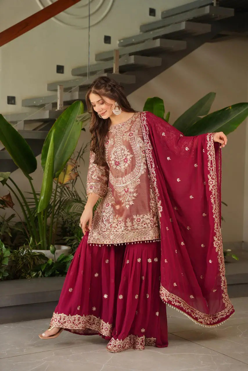 Embroidered Silk Palazzo Suit with Dupatta