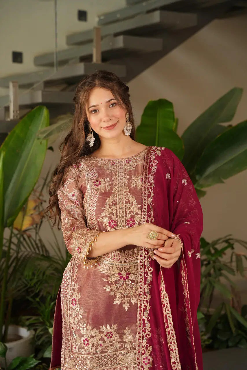 Embroidered Silk Palazzo Suit with Dupatta