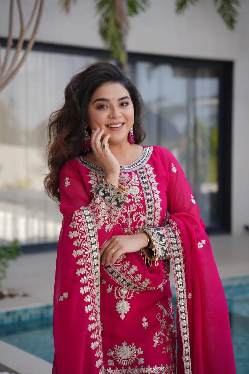 Embroidered Silk Palazzo Suit with Dupatta