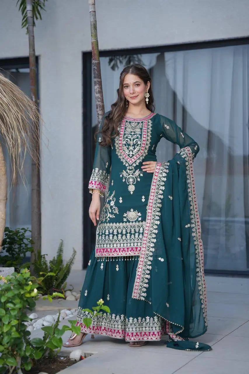 Embroidered Silk Palazzo Suit with Dupatta