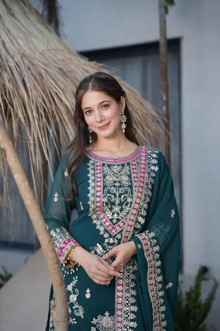 Embroidered Silk Palazzo Suit with Dupatta