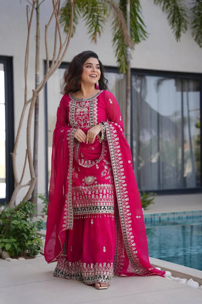 Embroidered Silk Palazzo Suit with Dupatta