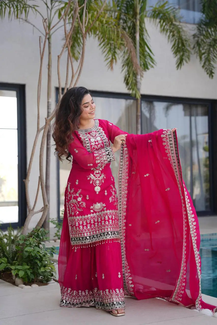 Embroidered Silk Palazzo Suit with Dupatta