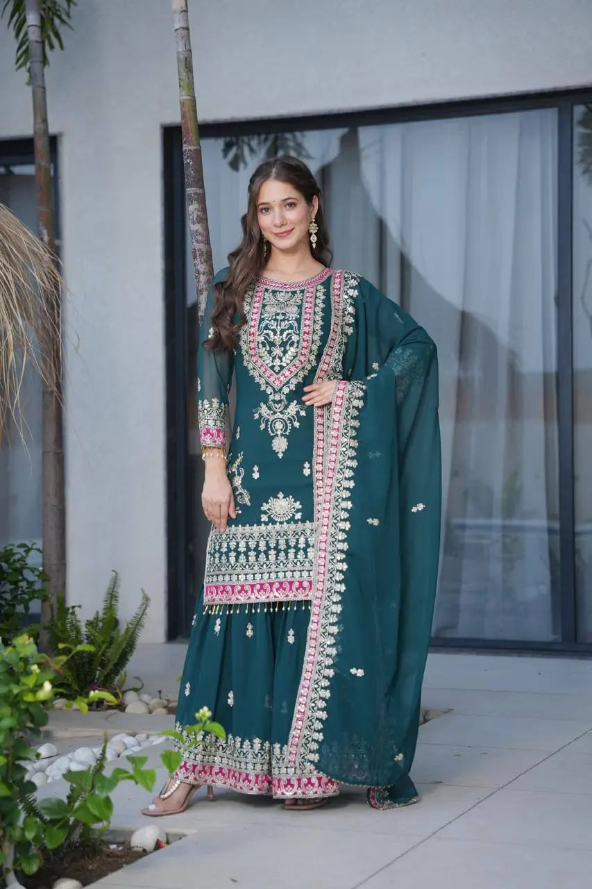 Embroidered Silk Palazzo Suit with Dupatta