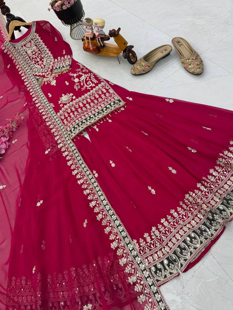 Embroidered Silk Palazzo Suit with Dupatta