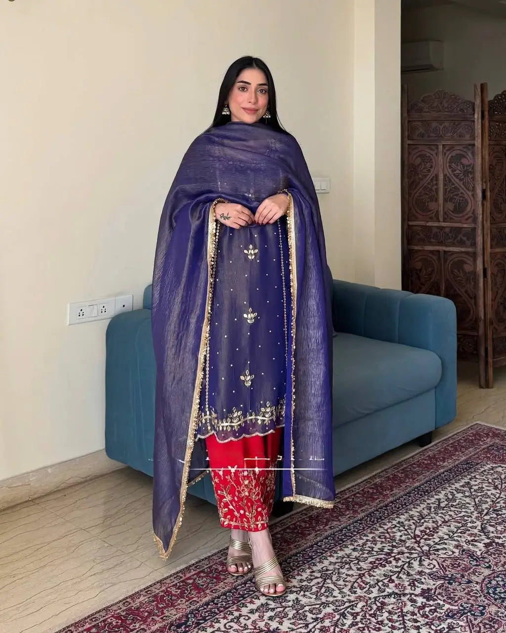 Embroidered Silk Palazzo Suit with Fancy Dupatta