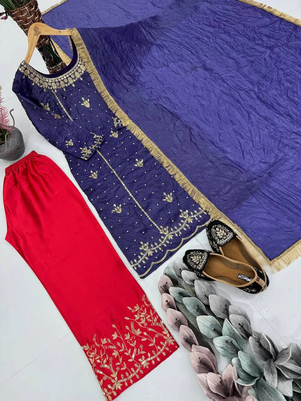 Embroidered Silk Palazzo Suit with Fancy Dupatta