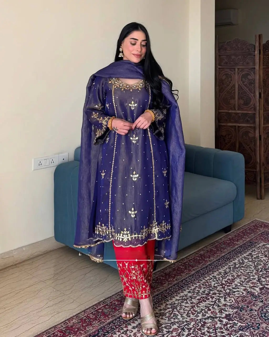 Embroidered Silk Palazzo Suit with Fancy Dupatta