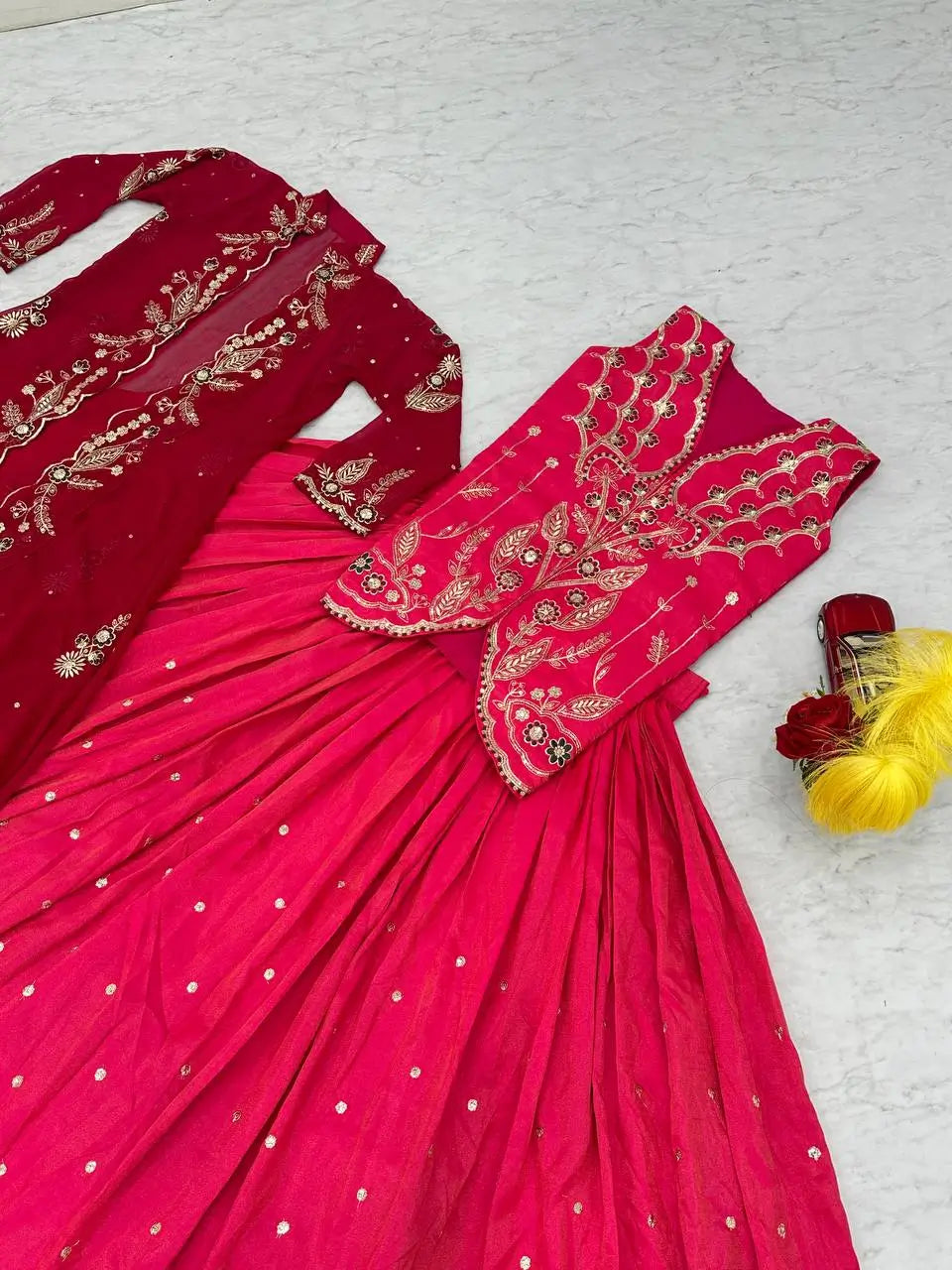 Embroidered Simar Silk Lehenga Set with Koti and Shrug