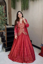 Embroidered Simar Silk Lehenga Set with Koti and Shrug