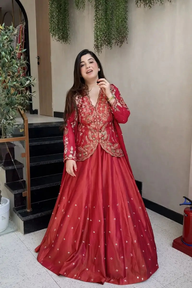 Embroidered Simar Silk Lehenga Set with Koti and Shrug