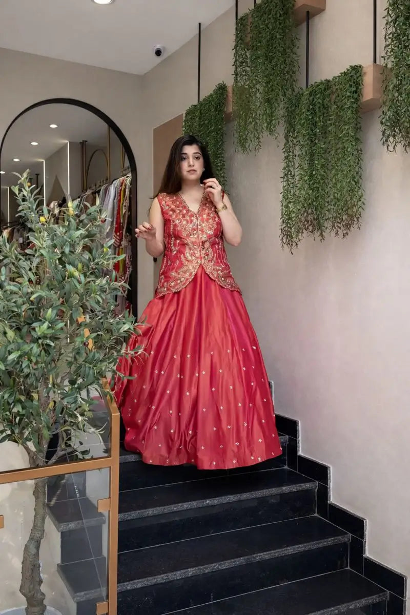 Embroidered Simar Silk Lehenga Set with Koti and Shrug