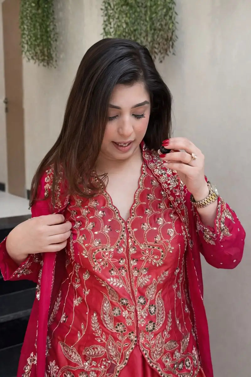Embroidered Simar Silk Lehenga Set with Koti and Shrug