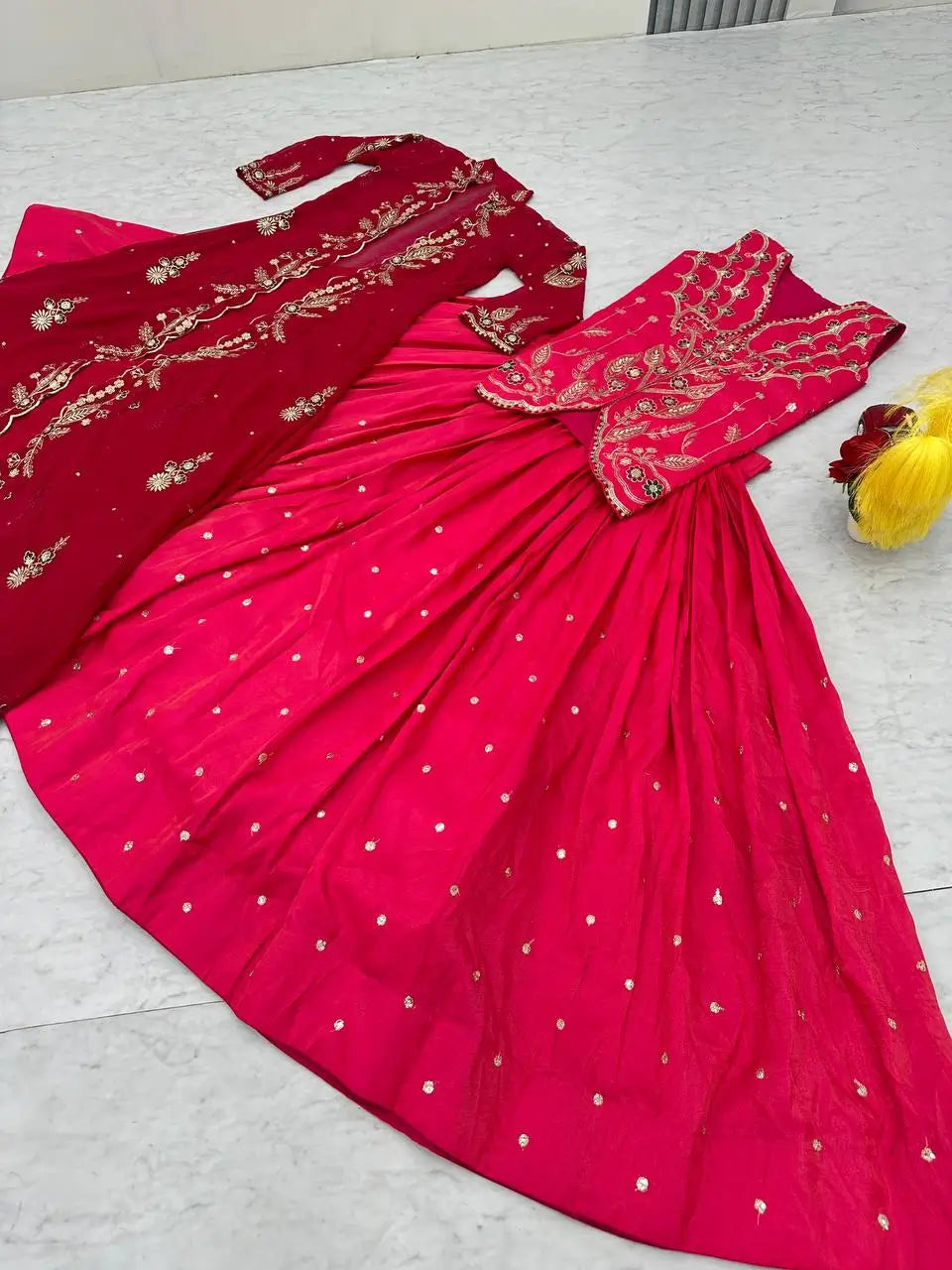 Embroidered Simar Silk Lehenga Set with Koti and Shrug