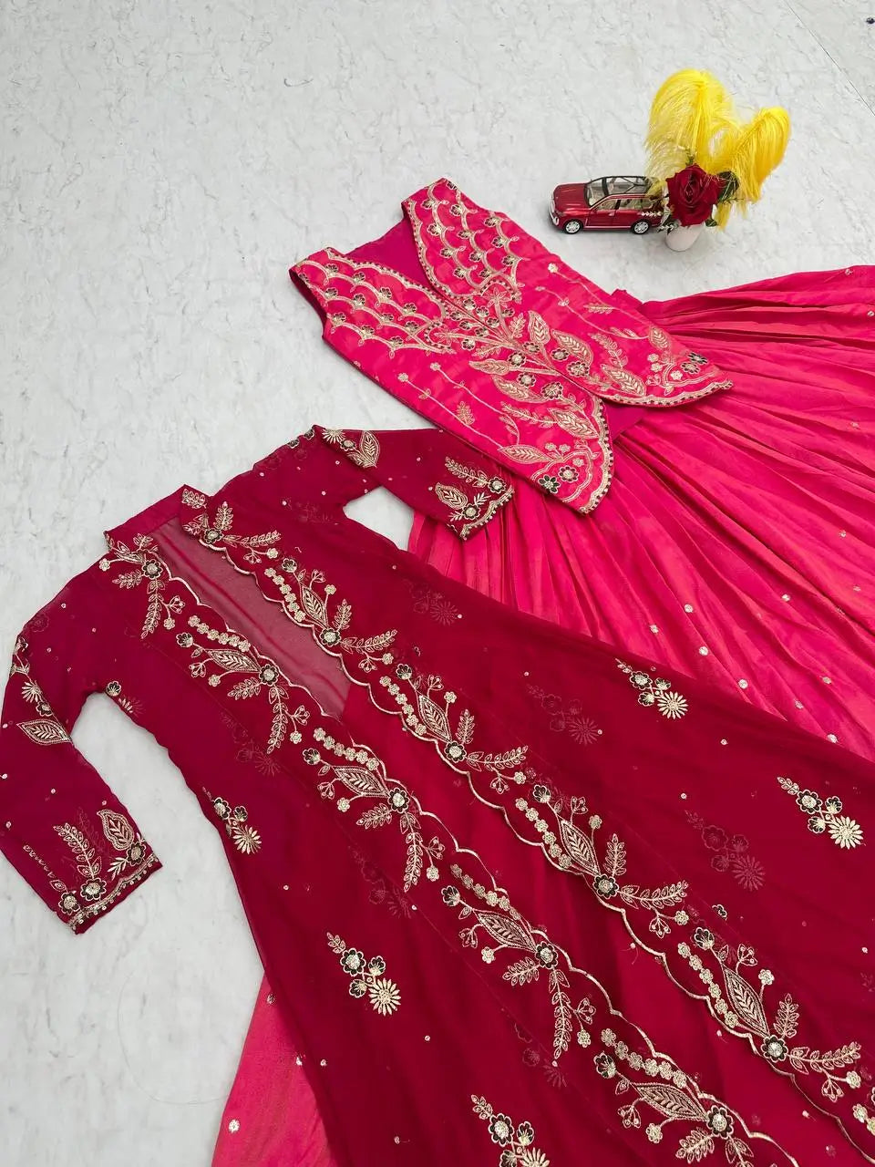 Embroidered Simar Silk Lehenga Set with Koti and Shrug