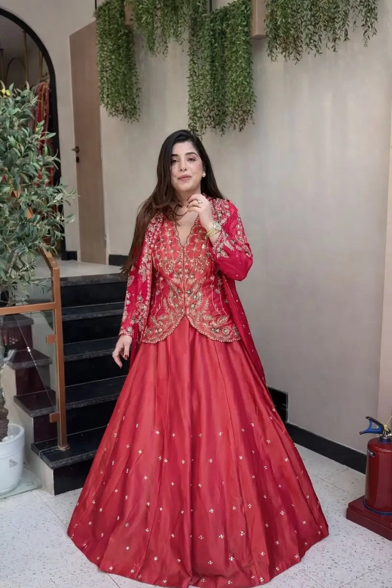 Embroidered Simar Silk Lehenga Set with Koti and Shrug