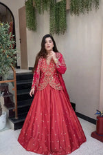 Embroidered Simar Silk Lehenga Set with Koti and Shrug