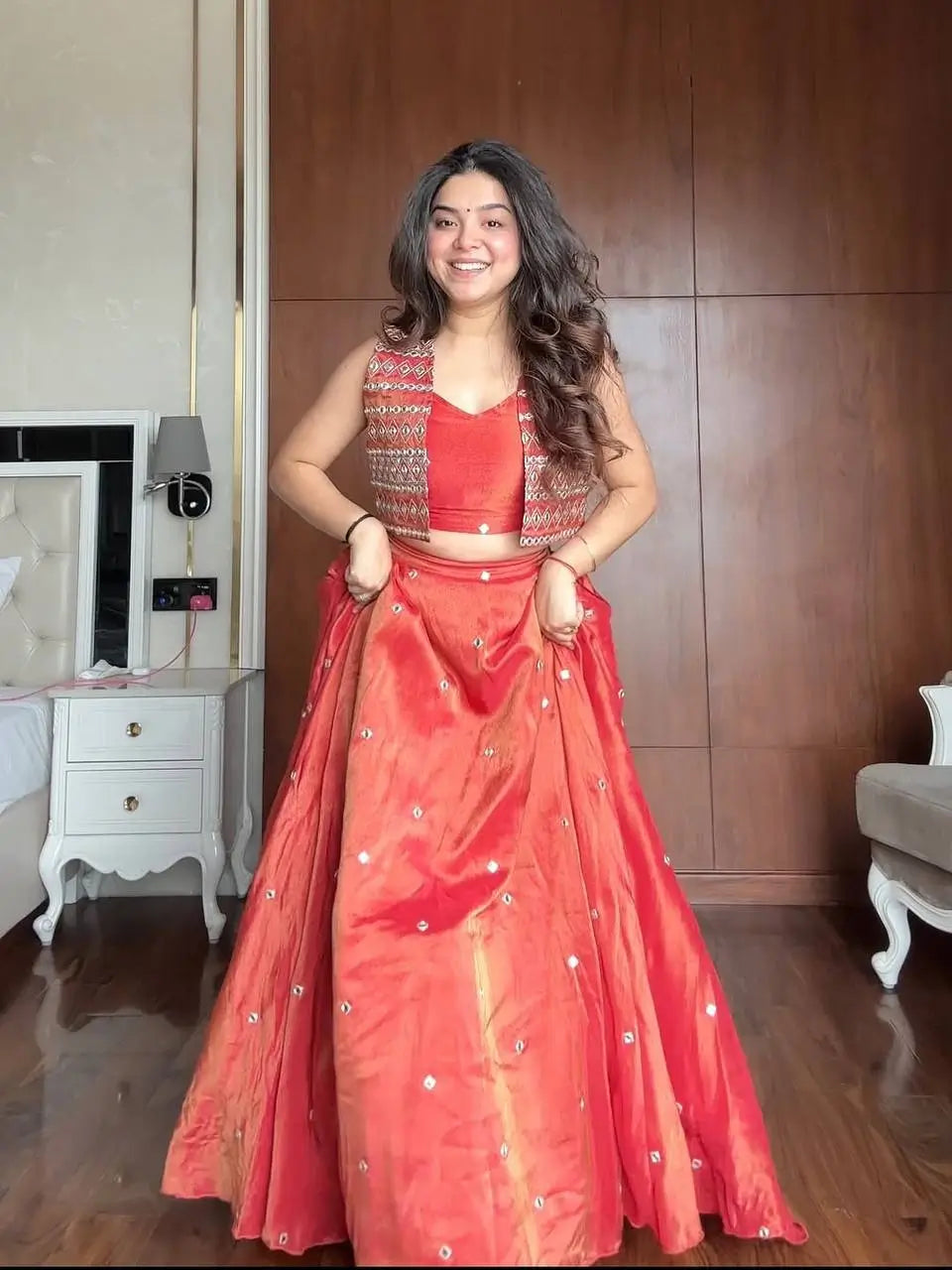 Embroidered Simmer Silk Lehenga with Koti