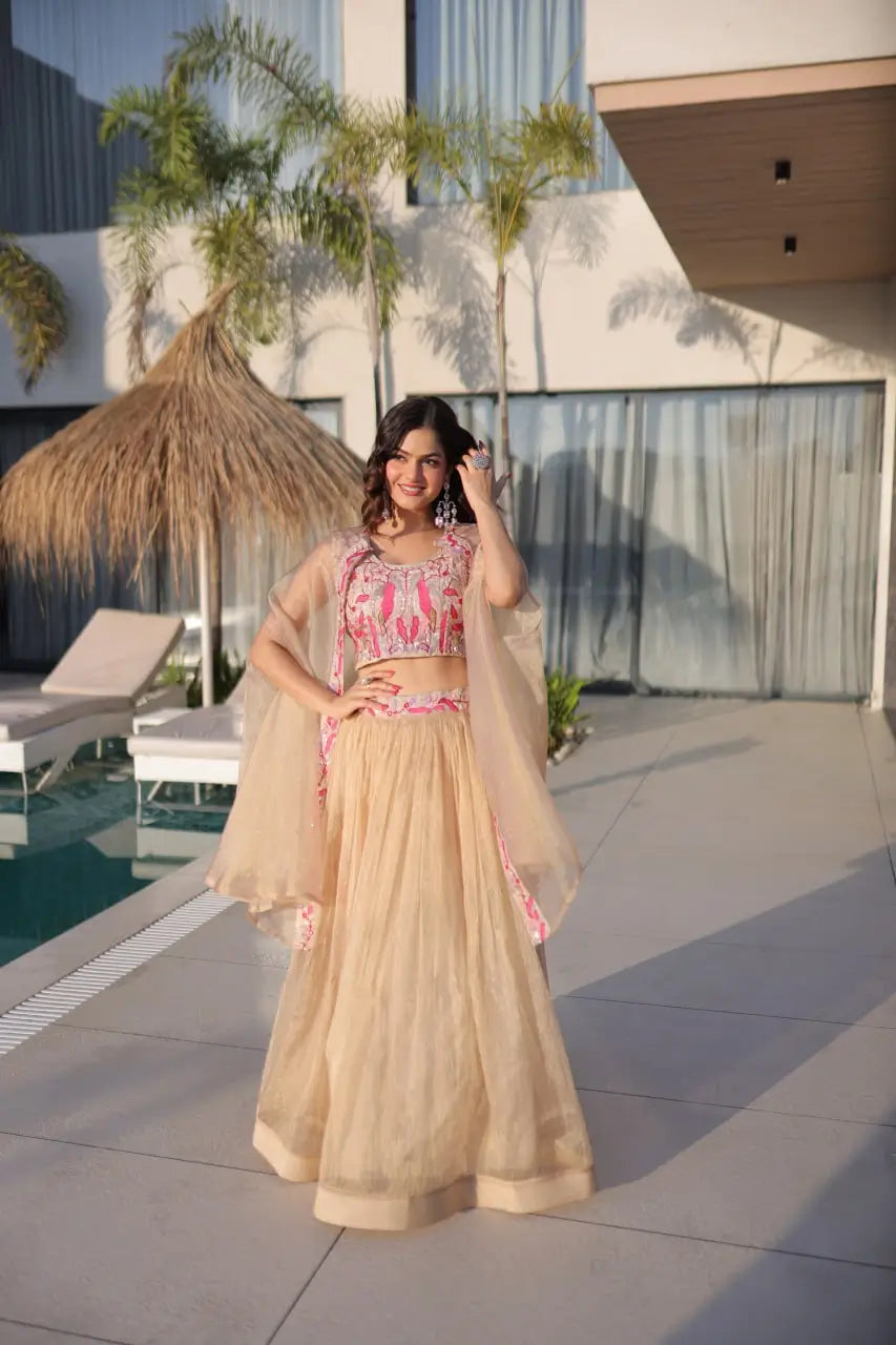Embroidered Sindur Silk Lehenga Set with Shrug for Wedding and Party Occasions