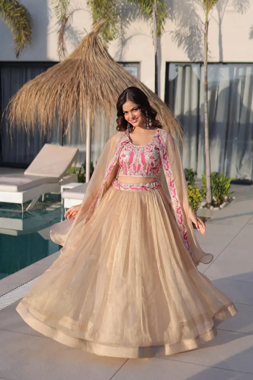 Embroidered Sindur Silk Lehenga Set with Shrug for Wedding and Party Occasions