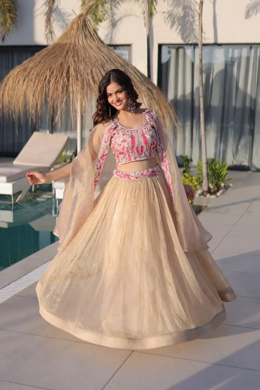 Embroidered Sindur Silk Lehenga Set with Shrug for Wedding and Party Occasions