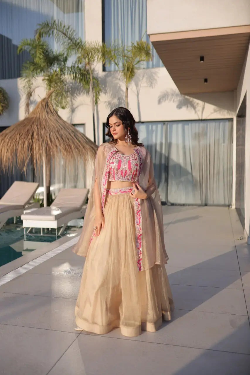 Embroidered Sindur Silk Lehenga Set with Shrug for Wedding and Party Occasions