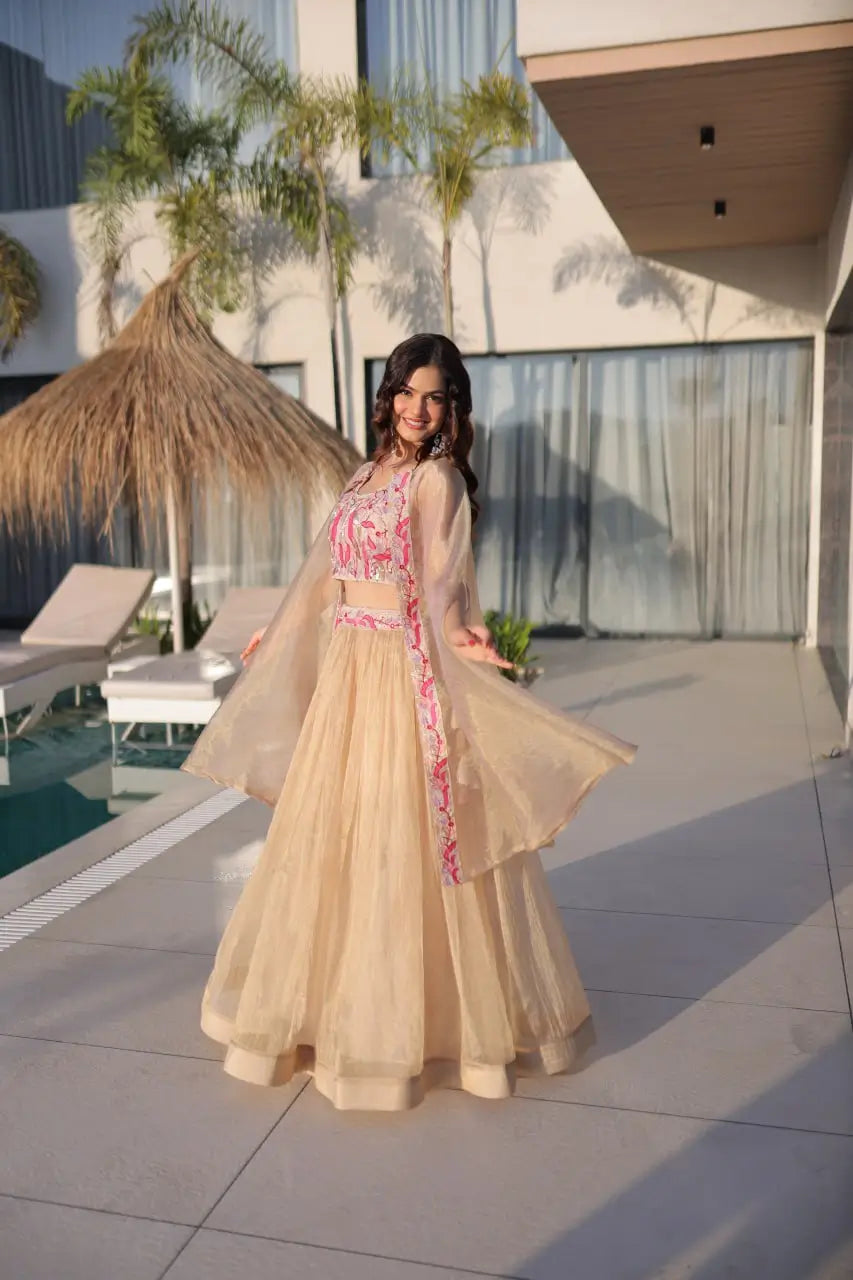 Embroidered Sindur Silk Lehenga Set with Shrug for Wedding and Party Occasions