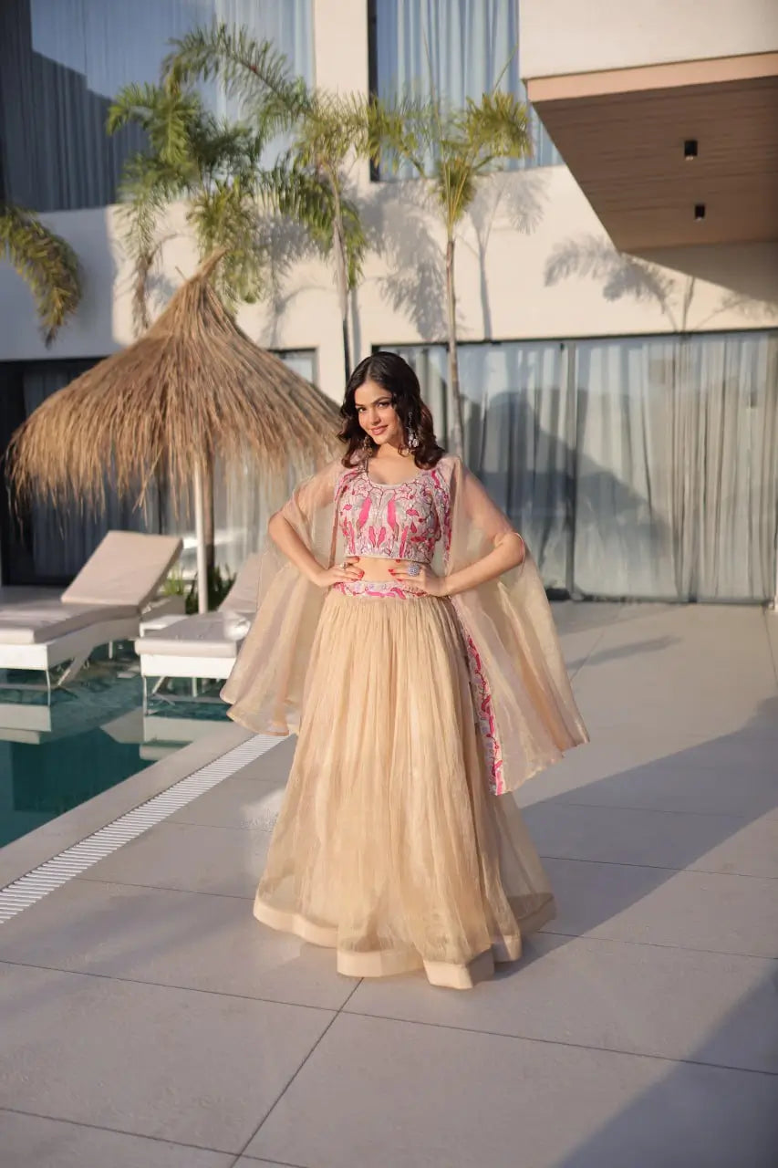 Embroidered Sindur Silk Lehenga Set with Shrug for Wedding and Party Occasions