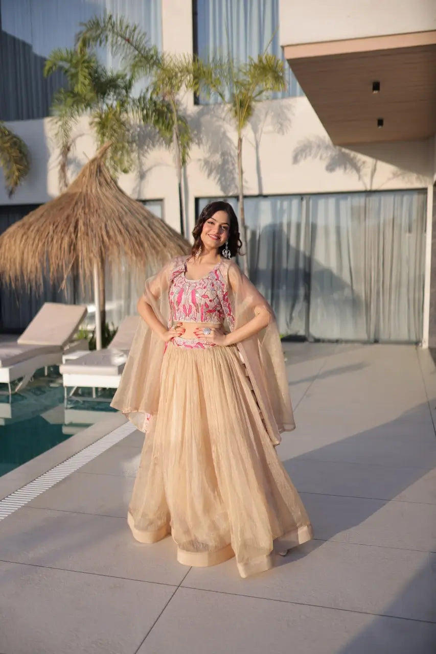 Embroidered Sindur Silk Lehenga Set with Shrug for Wedding and Party Occasions