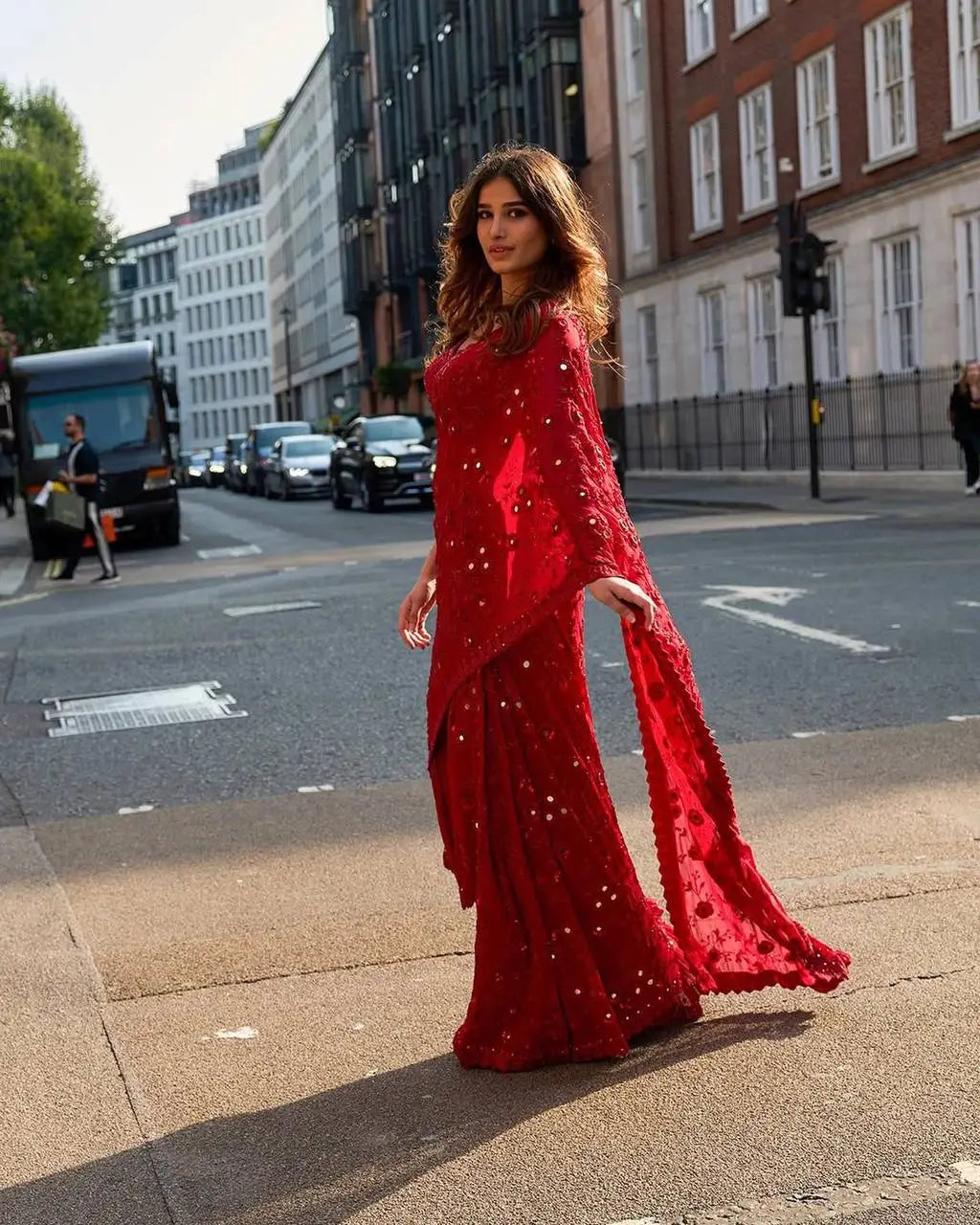 Embroidered Soft Georgette Ruffle Saree with Mirror Work