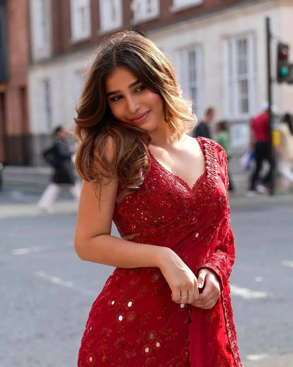 Embroidered Soft Georgette Ruffle Saree with Mirror Work