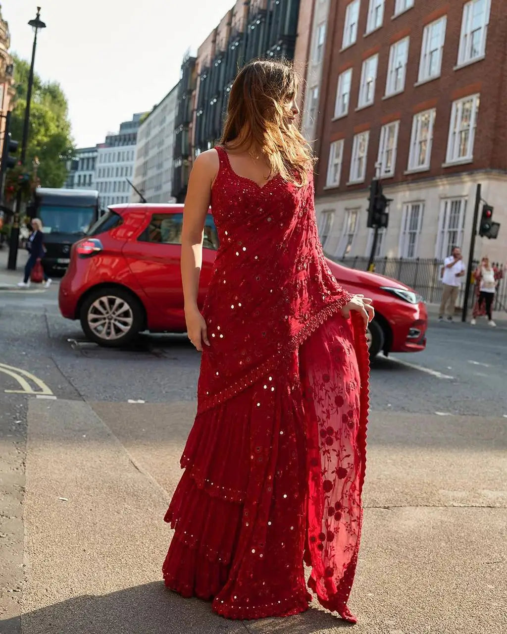 Embroidered Soft Georgette Ruffle Saree with Mirror Work