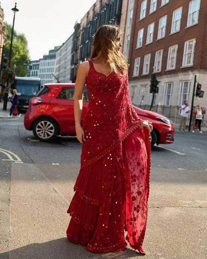 Embroidered Soft Georgette Ruffle Saree with Mirror Work