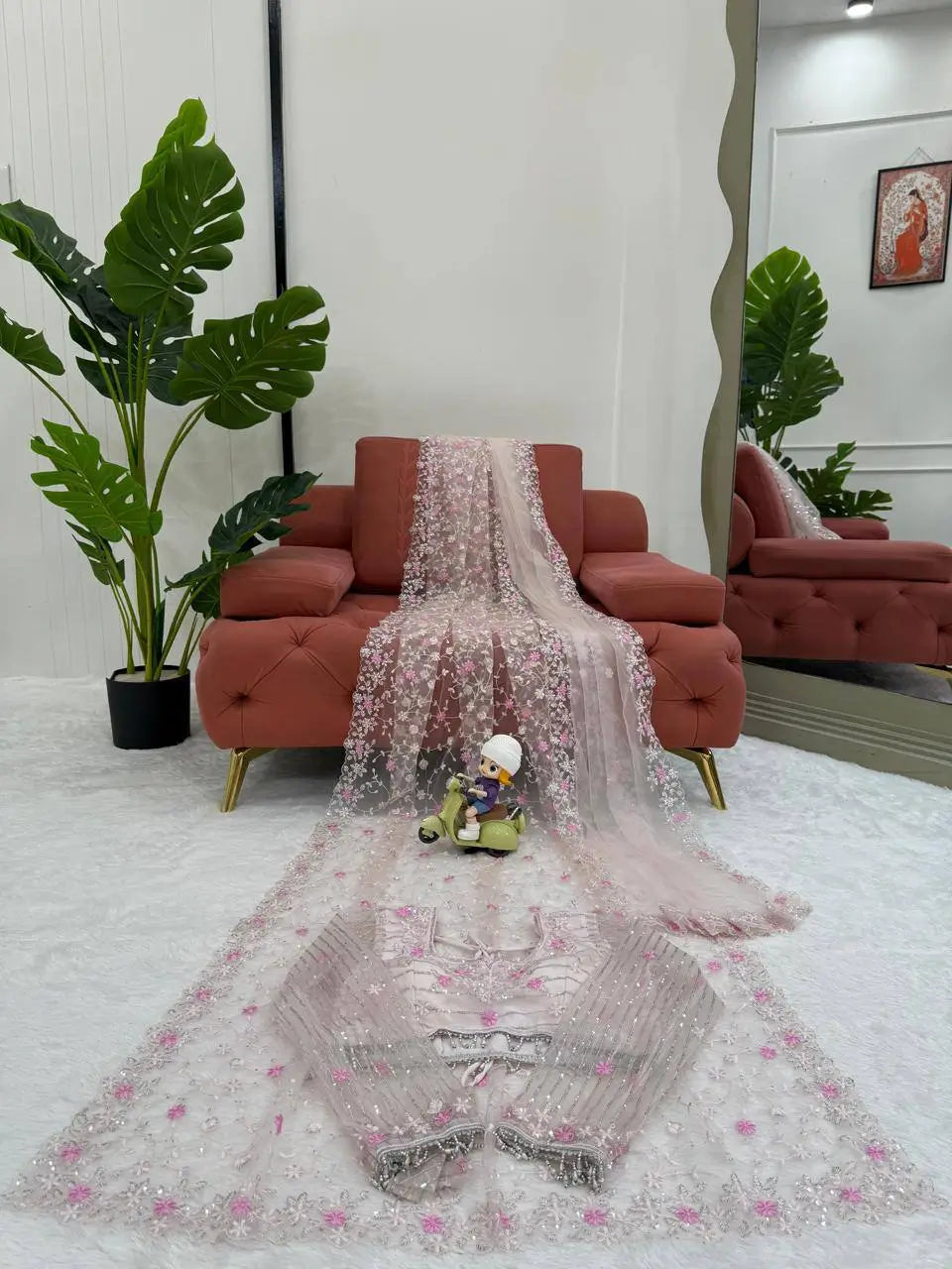 Embroidered Soft Net Designer Saree With Dupatta