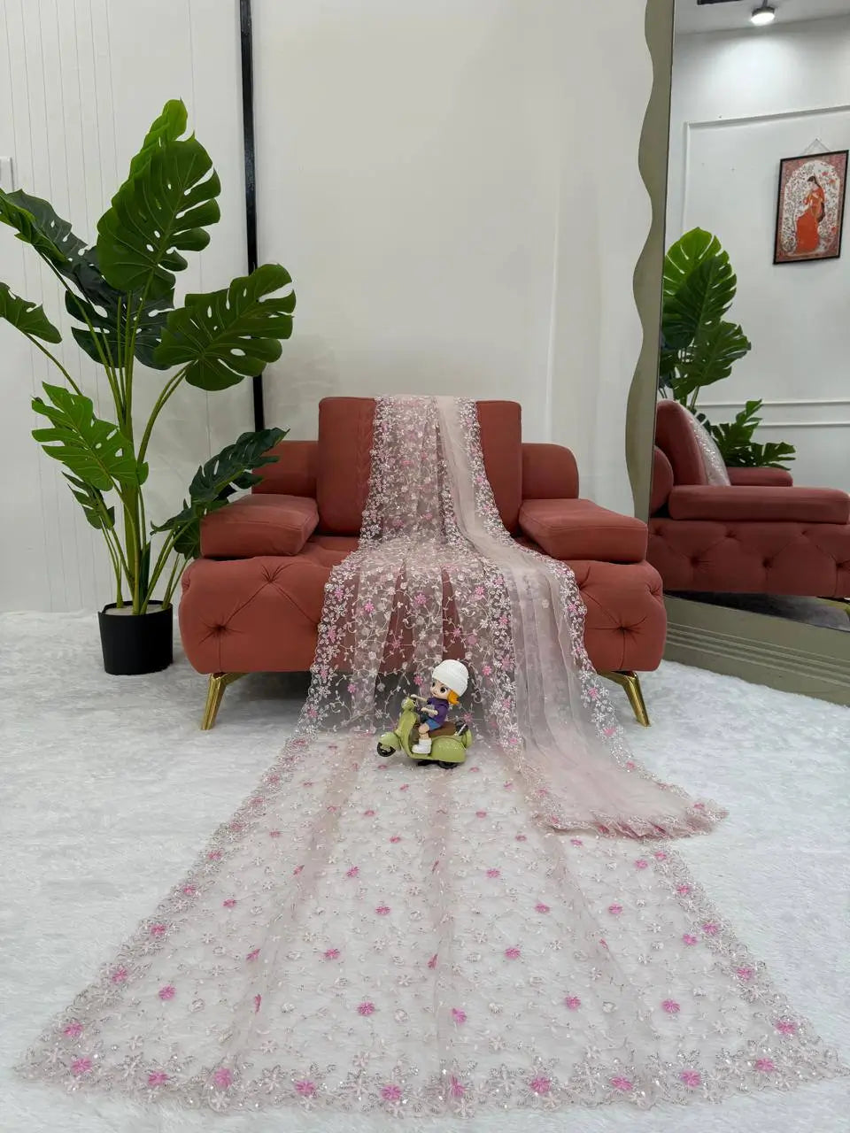Embroidered Soft Net Designer Saree With Dupatta