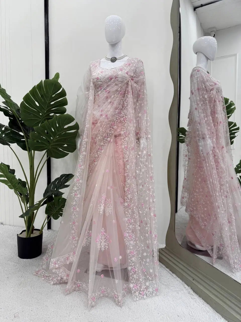 Embroidered Soft Net Designer Saree With Dupatta