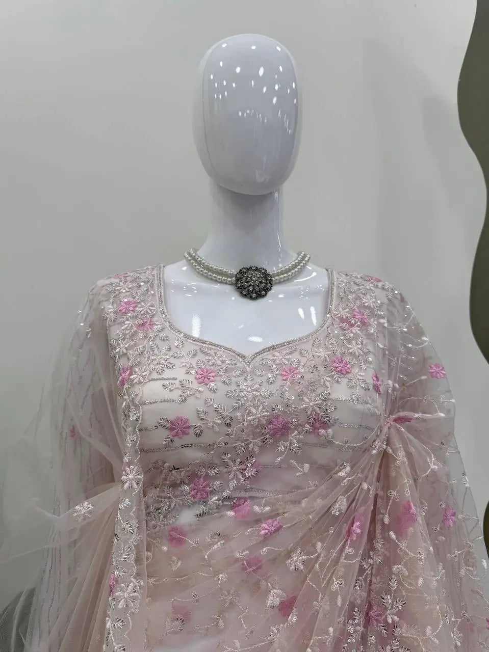 Embroidered Soft Net Designer Saree With Dupatta