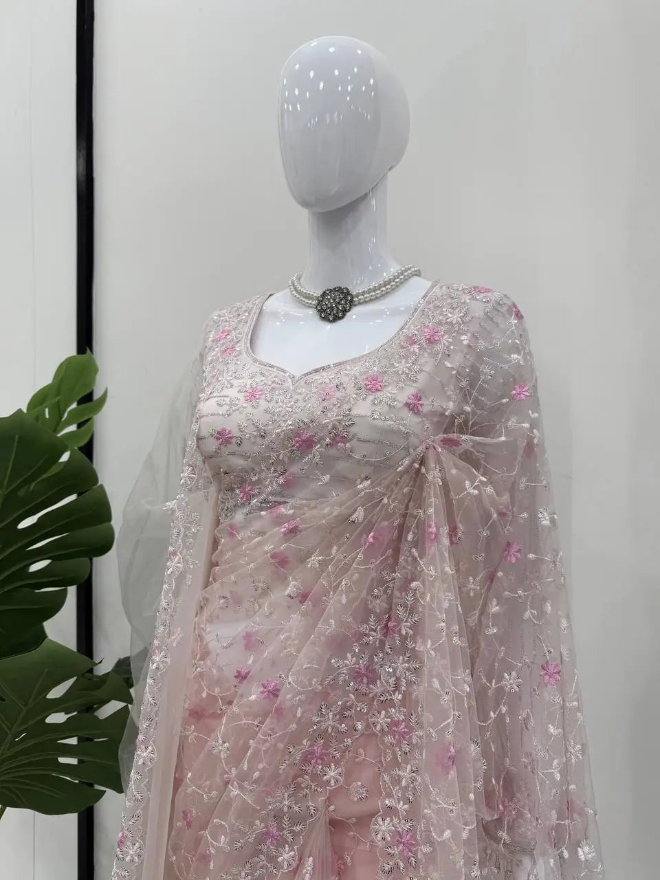 Embroidered Soft Net Designer Saree With Dupatta