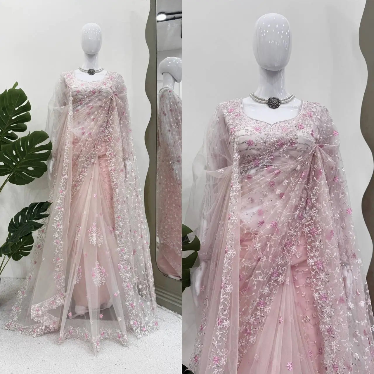 Embroidered Soft Net Designer Saree With Dupatta