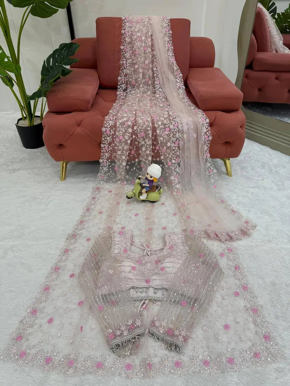 Embroidered Soft Net Designer Saree With Dupatta