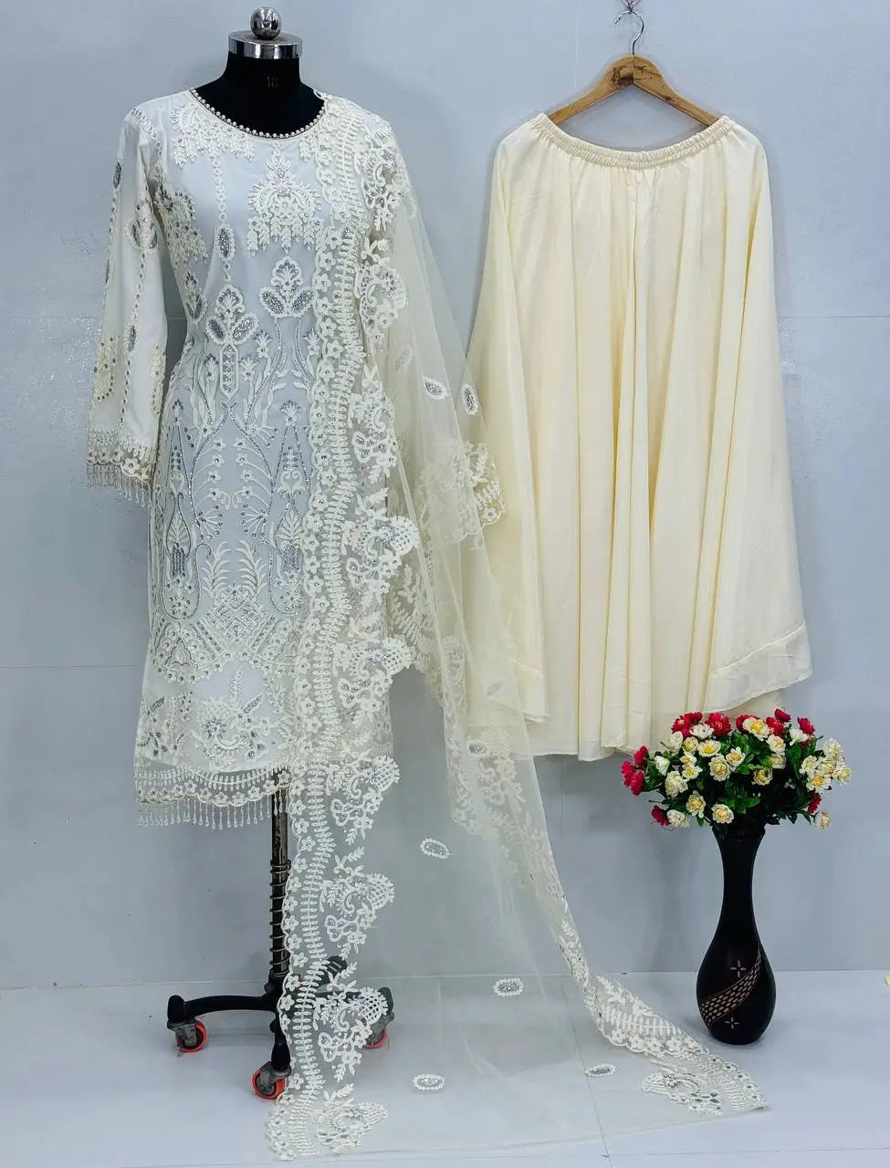 Embroidered Soft Net Palazzo Suit with Dupatta