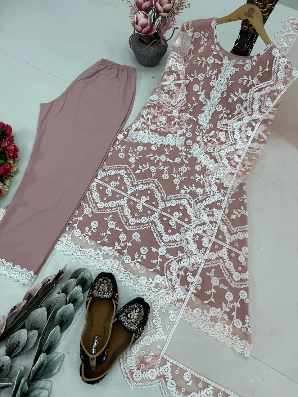 Embroidered Soft Net Palazzo Suit with Dupatta
