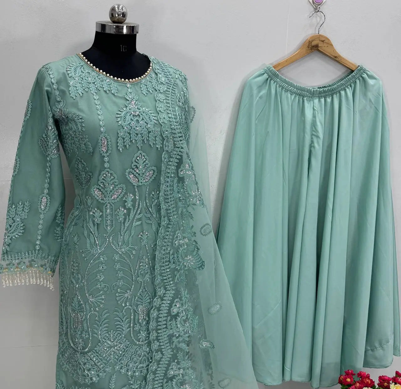 Embroidered Soft Net Palazzo Suit with Dupatta
