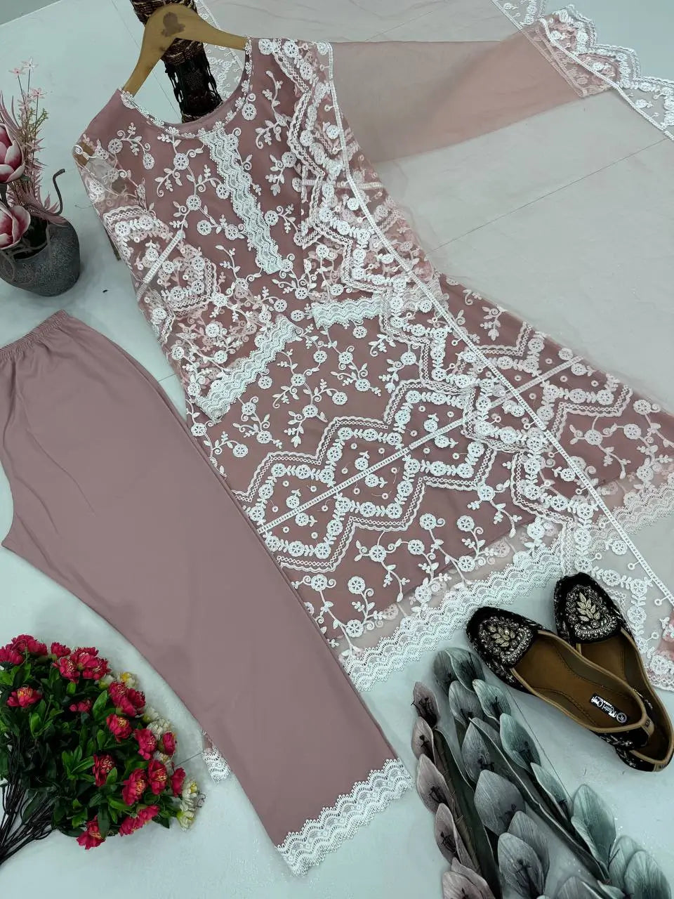 Embroidered Soft Net Palazzo Suit with Dupatta