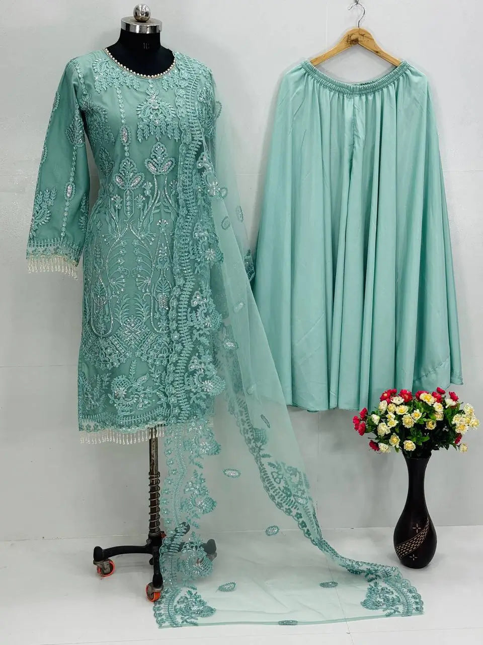 Embroidered Soft Net Palazzo Suit with Dupatta
