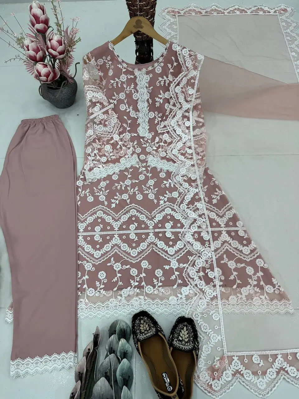 Embroidered Soft Net Palazzo Suit with Dupatta