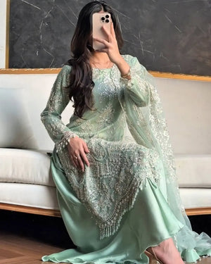 Embroidered Soft Net Palazzo Suit with Dupatta