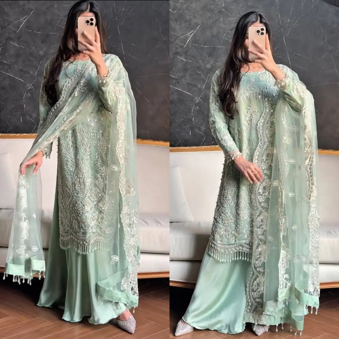 Embroidered Soft Net Palazzo Suit with Dupatta